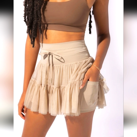 POPFLEX Dresses & Skirts - POPFLEX cafe au lait Layered Tulle Mini Skirt with Drawstring Waist and Pocket
